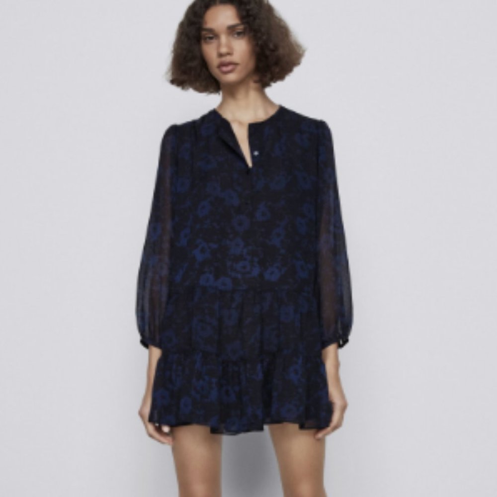 Zara The Rebecka Dress Black Blue Floral Sheer Dress Sz S BNWT